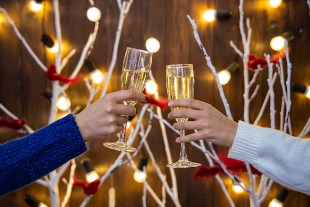 A couple clinks wine glasses to welcome the New Year.