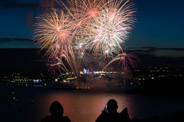 Colorful fireworks light up the night sky.