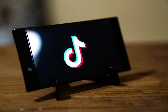A smartphone on a stand displays the TikTok logo.
