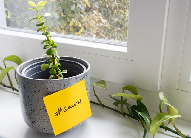 A yellow sticky note with the hashtag “#growth” is stuck on a gray pot with a small plant.